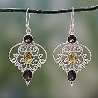 Pendientes colgantes de cuarzo ahumado y citrino, 'Dusk Arabesque' - Pendientes de plata de ley india con cuarzo ahumado y citrino