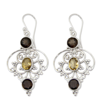 Smoky quartz and citrine dangle earrings, 'Dusk Arabesque' - Indian Sterling Silver Earrings with Smoky Quartz & Citrine