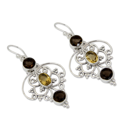 Smoky quartz and citrine dangle earrings, 'Dusk Arabesque' - Indian Sterling Silver Earrings with Smoky Quartz & Citrine