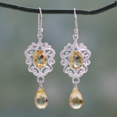 Citrine dangle earrings, 'Golden Dewdrops' - Indian Silver Dangle Earrings with 5 Carats of Citrine