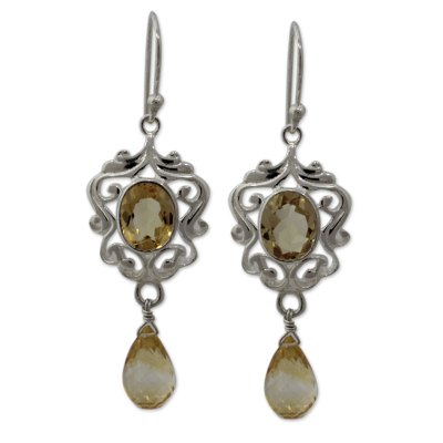 Citrine dangle earrings, 'Golden Dewdrops' - Indian Silver Dangle Earrings with 5 Carats of Citrine