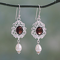 Cultured pearl and garnet dangle earrings, 'Classic India' - White Pearl and Garnet Earrings on Sterling Silver