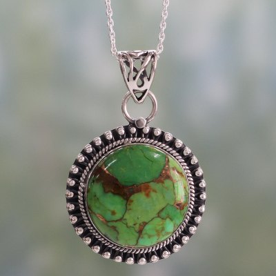Sterling silver pendant necklace, 'Royal Garden' - Indian Silver Necklace with Green Composite Turquoise