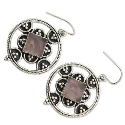 Rose quartz dangle earrings, 'Jaipur Romance' - Sterling Silver and Rose Quartz Hook Earrings from India