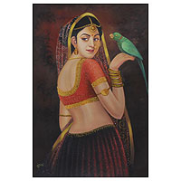 'The Wait II' - Romantic Mughal Rajasthani Oil on Canvas Portrait of Woman