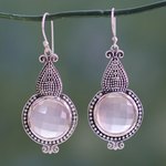 Rose quartz dangle earrings, 'Misty Glow' - Modern Artisan Crafted Rose Quartz Sterling Silver Earrings