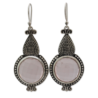 Rose quartz dangle earrings, 'Misty Glow' - Modern Artisan Crafted Rose Quartz Sterling Silver Earrings