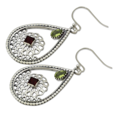 Peridot and garnet dangle earrings, 'Jali Glamour' - Traditional Indian Silver Earrings with Peridot and Garnet