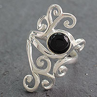 Onyx cocktail ring, 'Black Jasmine' - Sterling Silver Cocktail Ring with Black Onyx from India