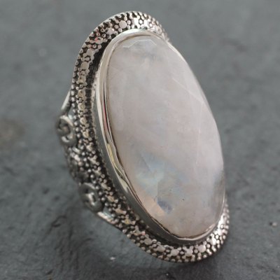 Rainbow moonstone cocktail ring, 'Goddess' - Rainbow Moonstone Artisan Crafted Silver Cocktail Ring