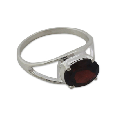Garnet solitaire ring, 'Passionate' - Classic Handmade Sterling Silver and Garnet Solitaire Ring