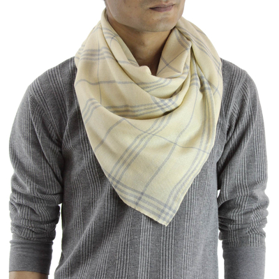 Men's wool and silk scarf, 'Yellow Srinagar' - Wool and Silk Scarf for Men in Grey over Light Yellow