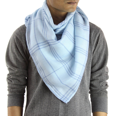 Men's Wool and Silk Light Blue Checkered Scarf from India - Azure ...