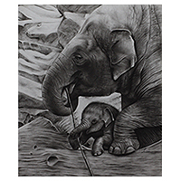 'Mother and Child I' (2014) - Realistic Charcoal Painting of Elephant and Calf