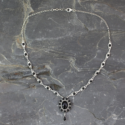 Onyx Y necklace, 'Night Drama' - Floral Sterling Silver and Onyx Hand Crafted Y Necklace