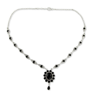 Onyx Y necklace, 'Night Drama' - Floral Sterling Silver and Onyx Hand Crafted Y Necklace