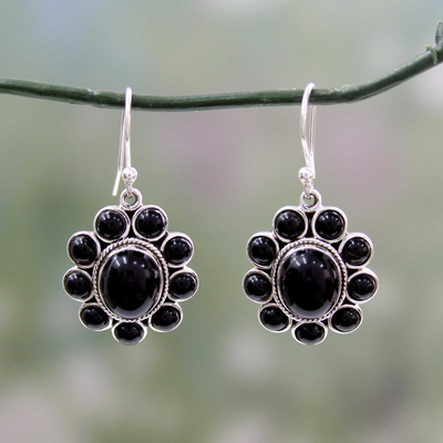 Onyx flower earrings, 'Night Drama' - Floral Sterling Silver and Onyx Hand Crafted Earrings