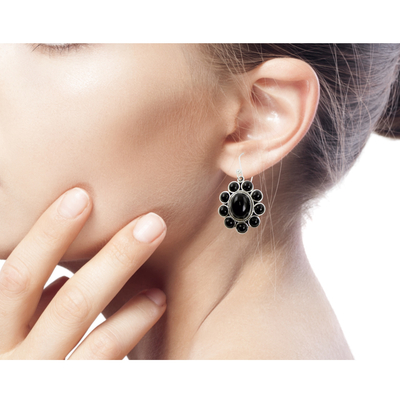 Onyx flower earrings, 'Night Drama' - Floral Sterling Silver and Onyx Hand Crafted Earrings