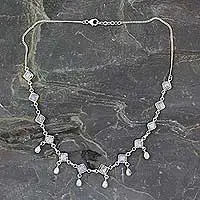 Rainbow moonstone waterfall necklace, 'Queen of Diamonds' - Handmade Rainbow Moonstone and Silver Jewellery from India