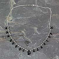 Onyx waterfall necklace, 'Midnight Raindrops' - Indian Onyx and Sterling Silver Hand Crafted Necklace