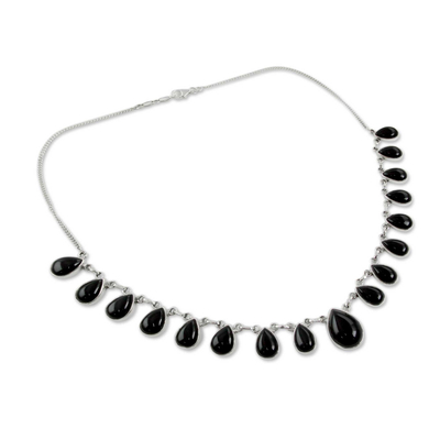 Onyx waterfall necklace, 'Midnight Raindrops' - Indian Onyx and Sterling Silver Hand Crafted Necklace