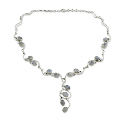 Rainbow moonstone Y necklace, 'Lotus Buds' - Handmade Sterling Silver Y Necklace with Rainbow Moonstones