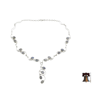 Rainbow moonstone Y necklace, 'Lotus Buds' - Handmade Sterling Silver Y Necklace with Rainbow Moonstones