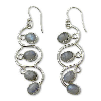 Rainbow moonstone dangle earrings, 'Lotus Buds' - Rainbow Moonstone Dangle Earrings Sterling Silver Jewelry