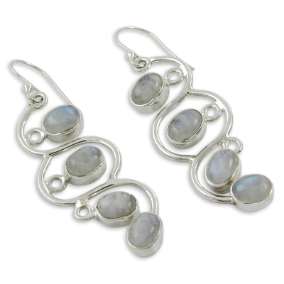 Rainbow moonstone dangle earrings, 'Lotus Buds' - Rainbow Moonstone Dangle Earrings Sterling Silver Jewellery