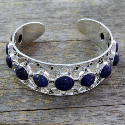 Lapis lazuli cuff bracelet, 'Nostalgia' - Lapis Lazuli and Sterling Silver Cuff Bracelet from India