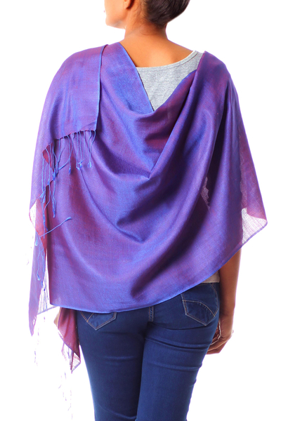 Silk and cotton shawl, 'Lapis Wine' - Silk and Wool Blend Lightweight Purple Shawl from India