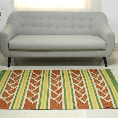 Akzentteppich aus Wolle, (4x6,5) - Handgewebter Teppich mit geometrischem Akzent in Grün und Orange (4 x 6,5)