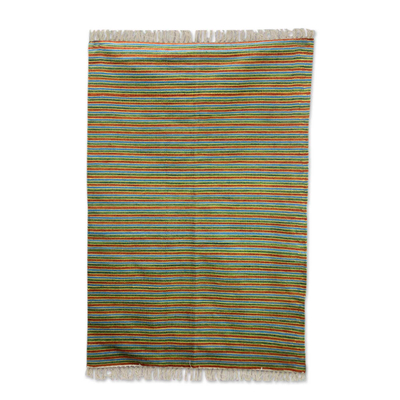 Wool runner, 'Verdant Joy' (4x6) - Modern Indian Hand Woven Striped Dhurrie Rug (4 x 6)