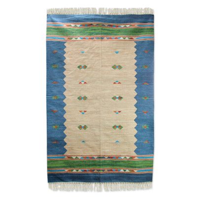 Wool area rug, 'Sky of India' - Blue Border Handwoven Wool Dhurrie Area Rug