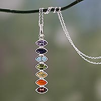 Multigem pendant necklace, 'Chakra Balance' - Indian Seven-Gemstone Chakra Necklace in 925 Sterling Silver
