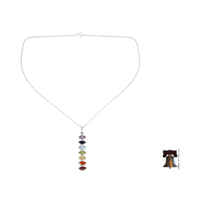 Multigem pendant necklace, 'Chakra Balance' - Indian Seven-Gemstone Chakra Necklace in 925 Sterling Silver
