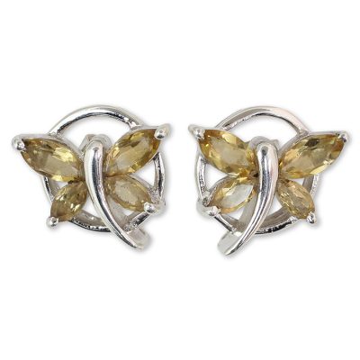 Citrine button earrings, 'Butterfly Gift' - Citrine Birthstone Sterling Silver Butterfly Earrings