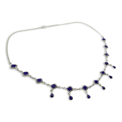 Lapis lazuli waterfall necklace, 'Queen of Diamonds' - Handmade Lapis Lazuli and Sterling Silver Jewelry from India