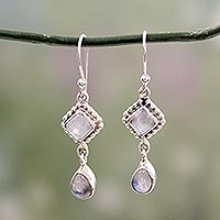 Silver and Rainbow Moonstone Earrings Handmade in India,'Queen of Diamonds'