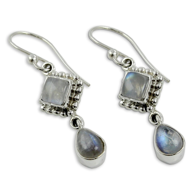 Rainbow moonstone dangle earrings, 'Queen of Diamonds' - Silver and Rainbow Moonstone Earrings Handmade in India