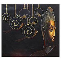 'Buddha in the Golden Age' - Original India Fine Art Painting of Buddha and Birds