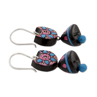 Terracotta beaded earrings, 'Morning Magic' - Hand Painted Terracotta Beaded Earrings on Silver Hooks