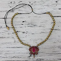 Terracotta flower beaded necklace, 'Lotus Majesty'