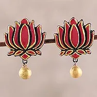 Terracotta flower earrings, 'Lotus Majesty' - Pink and Gold Colored Hand Painted Terracotta Earrings