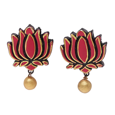 Terracotta flower earrings, 'Lotus Majesty' - Pink and Gold Colored Hand Painted Terracotta Earrings