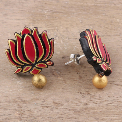 Terracotta flower earrings, 'Lotus Majesty' - Pink and Gold Colored Hand Painted Terracotta Earrings