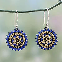 Terracotta dangle earrings, 'Peaceful Chakra' - Blue and Golden Hand Painted Terracotta Silver Hook Earrings