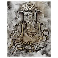 'Blissful Ganesha' - Hinduism Deity Signed Ganesha Painting from India