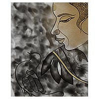 'Buda pacífico' - Pintura de Buda dorado sobre negro y gris