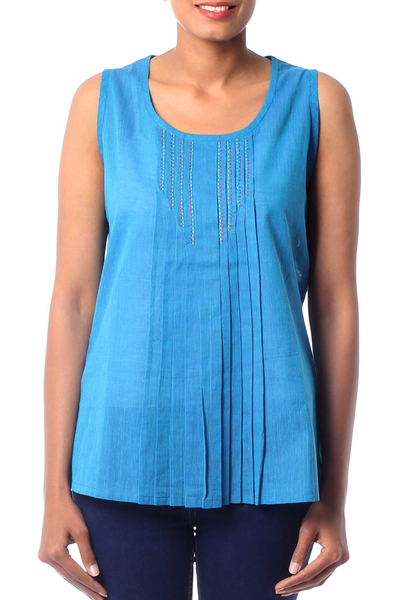 Baumwollbluse - Handgewebte ärmellose Bluse aus blauer Baumwolle aus Indien